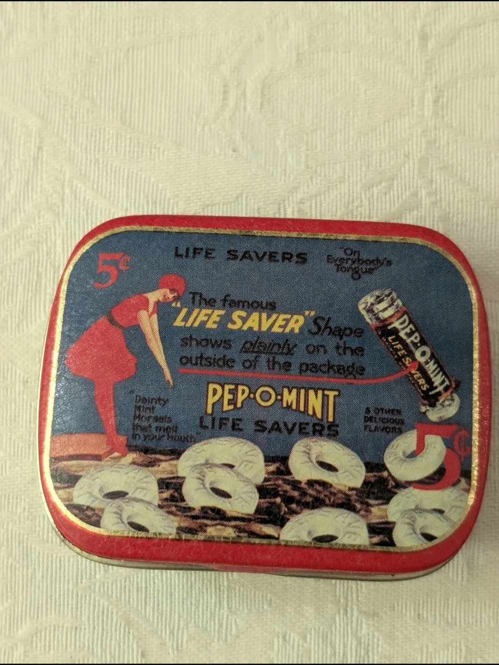 Life Savers Vintage Pep-O-Mint Pocket Advertising Tin 5¢ Red/Blue